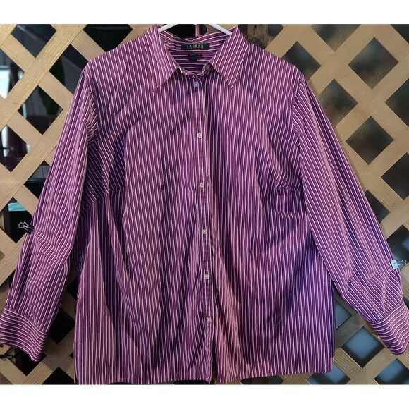 LAUREN RALPH LAUREN Purple Pin striped Button up Cotton Top Women's 1X - Picture 1 of 7